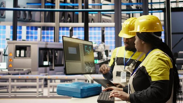 Smart factory manager overseeing work done by engineer calibrating high tech machinery and analyzing sensor data. Team leader supervising engineer troubleshooting assembly equipment, camera A