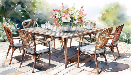 Obraz premium Watercolor art of a wooden outdoor dining set with a floral centerpiece