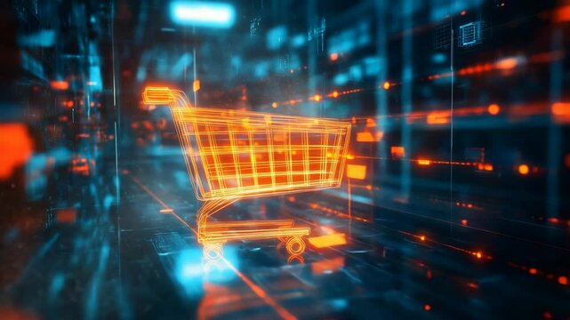 Futuristic glowing shopping cart in a digital online marketplace background, representing e-commerce and retail concepts