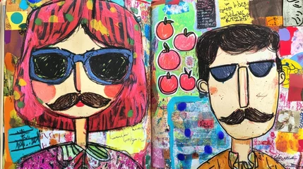 Tableau sur plexiglas  Colorful doodle sketch of a couple wearing glasses in a mixed media collage style  © ProtonemA