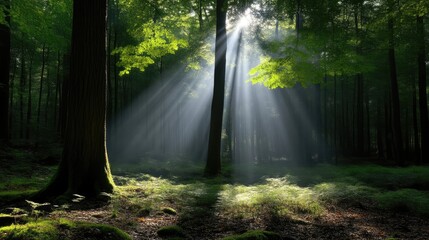 Obraz premium Sunlight streams through a dense forest canopy. Lush green foliage, tall trees, and dappled sunlight create a serene woodland scene