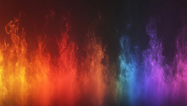 Vibrant rainbow flames against a dark background.  Colorful fire and smoke effects.  Abstract art