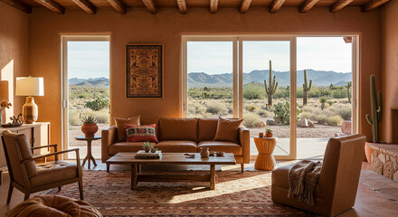Elegant desert living room overlooking cactus landscape