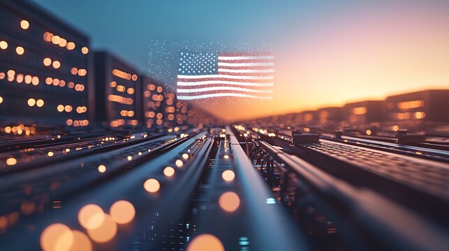 Futuristic cityscape with digital American flag, glowing lights at sunset