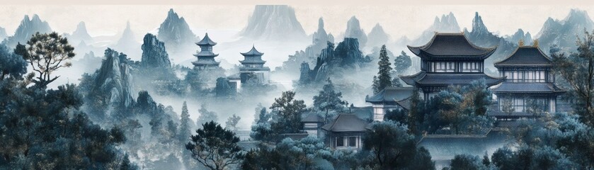 A serene landscape featuring traditional eastern architecture amidst misty mountains. The scene captures the beauty and tranquility of an ancient cultural site.