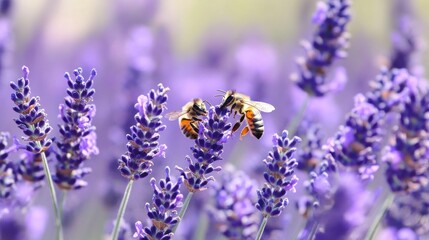 Two bees pollinating lavender flowers in a field.