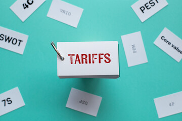 There is wood cube with the word Tariffs. It is as an eye-catching image.