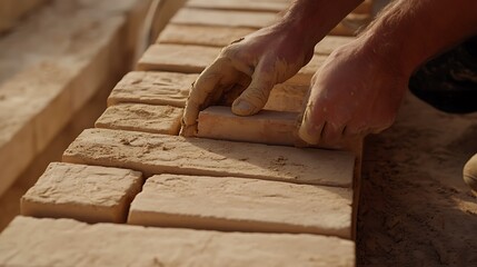 Hands Laying Adobe Bricks in Construction