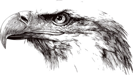 Detailed black and white sketch of an eagle head with fierce expression, illustration. Vector illustration