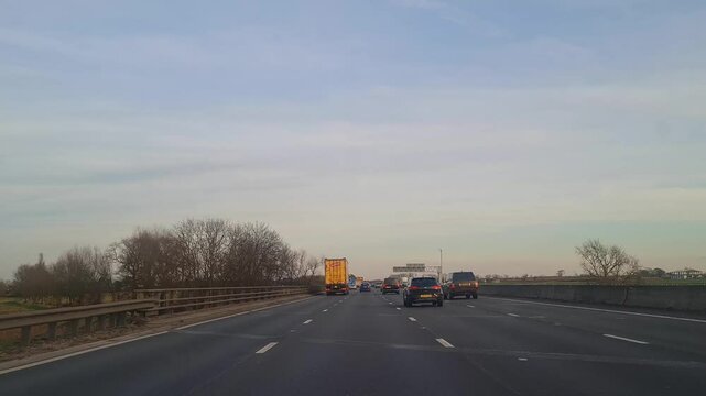 Dash Camera Time Lapse Footage of British Road Travel and Traffic From Leeds City to Luton City of England During Clear Sunny Day of March 1st, 2025