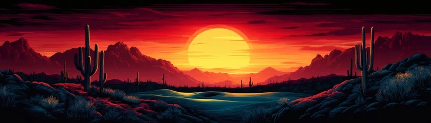 A breathtaking sunset over a desert landscape featuring cacti, mountains and a tranquil lake. The warm colors create a serene and awe-inspiring scene.