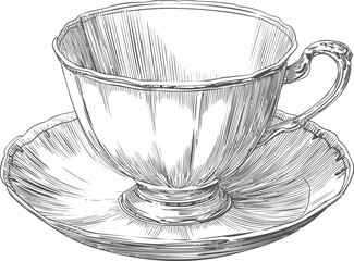 Vintage tea cup and saucer sketch with intricate details, monochrome illustration. Vector illustration