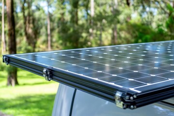 Solar panel mounted on a vehicle roof, positioned in a natural setting, for camping or off-grid power.