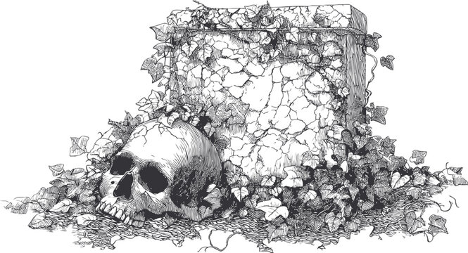 Sketched tombstone with a skull entwined by ivy leaves, symbolizing mortality. Vector illustration