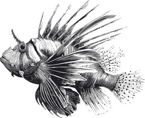Black and white illustration of a detailed lionfish profile, intricate line art. Vector illustration