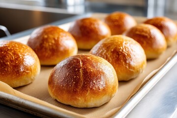 Freshly baked golden brown buns, cooling on a baking sheet, ready to be served.