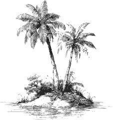 Tropical island sketch with palm trees and minimal foliage ink drawing. Vector illustration