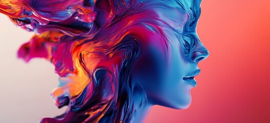 Stylized Profile of Woman with Swirling Colorful Hair Patterns – Blue, Pink, and Orange Hues on Gradient Background for Artistic or Creative Design

