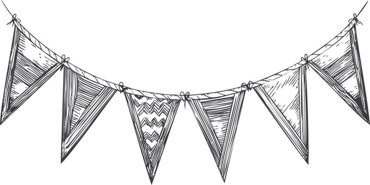 Hand-drawn festive pennant banner with triangular flags in black and white. Vector illustration