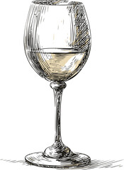 Detailed sketch of a wine glass with white wine, vintage art. Vector illustration