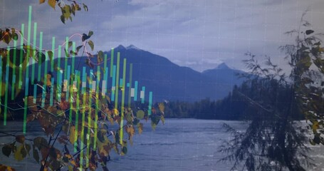Semi-transparent financial chart floating over lakeside scene, visualizing bar graphs and line data - Powered by Adobe
