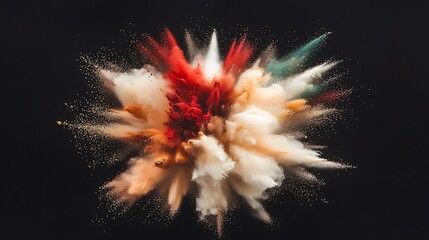 Explosion of vibrant powders suspended against a stark black background, burst of color