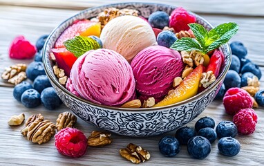 Delicious Ice Cream Bowl with Berries and Nuts