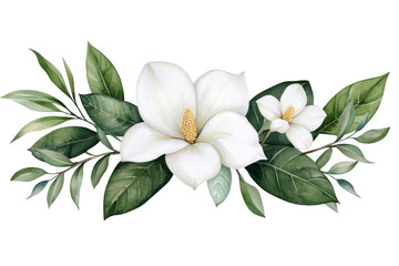 Obraz premium White flower with green leaves is the main focus of the image, isolated