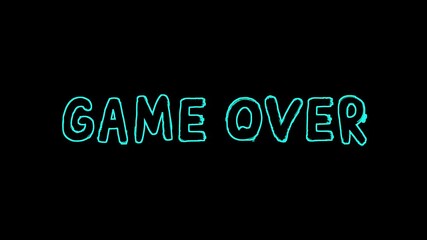 Looping animation of "GAME OVER" in glowing cyan-blue neon outline letters on a solid black background. Futuristic and minimalistic — ideal for synthwave games, cyberpunk overlays, or arcade UIs. - Powered by Adobe