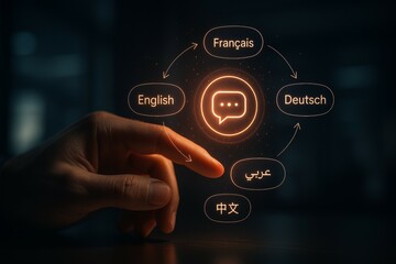 Hand touching glowing icon showing language options in dark room