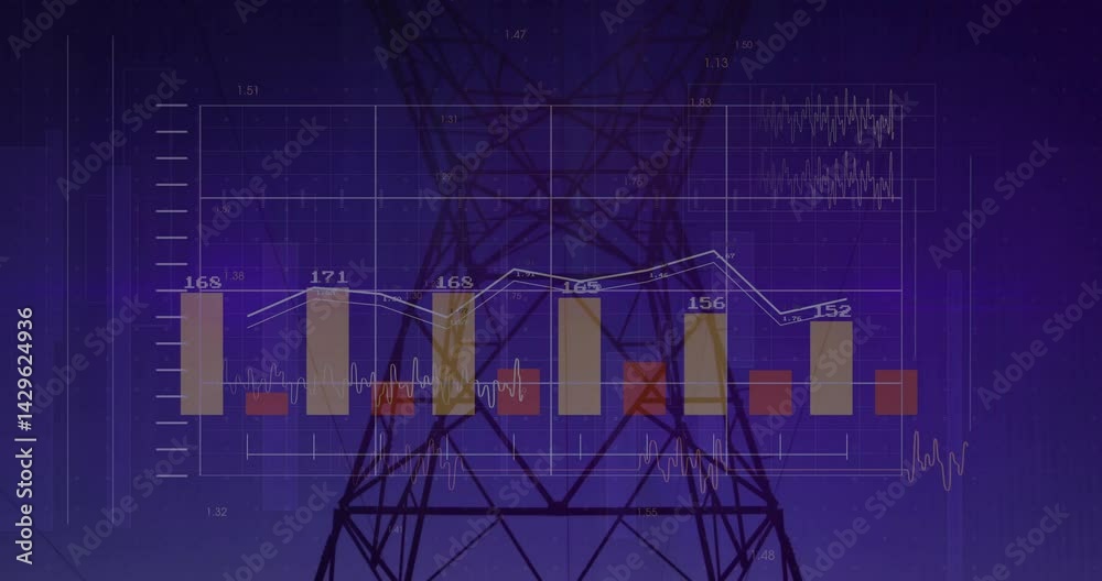 Poster power grid pylon being animated in data dashboard overlaying translucent bar charts and line graphs
