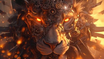 Obraz premium Steampunk Lion with fiery background.