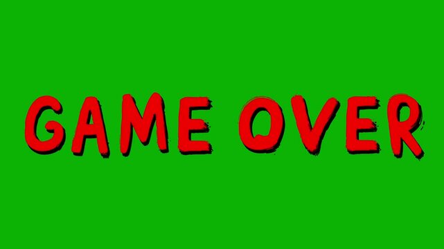 Animated red words “Game Over” typed in a sloppy font, a horror videogame phrase isolated on a green screen on a chroma key background, keying