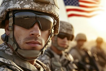 Fototapeta premium Man in a military uniform stands in front of an American flag