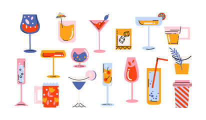 Alcoholic cocktails in retro cartoon style. Glasses with colorful drinks, garnishes, ice cubes, straws, citrus slices, trendy bar elements, illustration in retro cartoon style, 90s stickers.