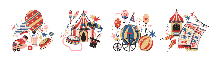 Circus compositions in retro cartoon style. Clowns, acrobats, circus tent, juggling props, trained animals — vibrant nostalgic show elements illustration in trendy retro sticker style © Limpreom