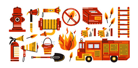 Firefighting stickers in retro cartoon style. Fire hydrant, ladder, extinguisher, helmet, emergency tools, 90s rescue vibe, illustration in retro cartoon style, trendy stickers