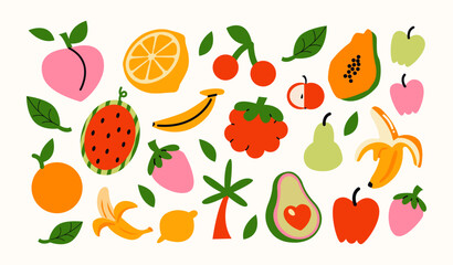 Fruits in retro cartoon style. Banana, orange, lemon, strawberry, colorful juicy elements, tropical vibe, 90s freshness aesthetic, illustration in retro cartoon style, trendy stickers