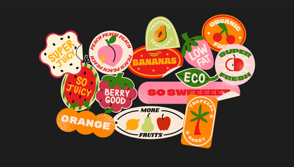 Fruit label stickers in retro cartoon style. Paper tags, fruit names, price stickers, colorful badges, grocery vibe, 90s packaging aesthetic, illustration in retro cartoon style, trendy patches.