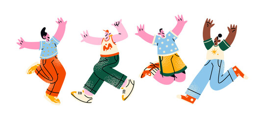 Happy jumping characters in retro cartoon style. Joyful people, expressive poses, cheerful emotions, celebration mood, 90s positive vibe, illustration in retro cartoon style, trendy stickers