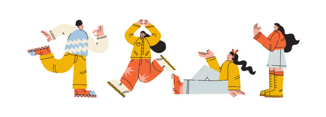 Happy mascots characters in retro cartoon style. Dynamic poses with gestures: dancing, sitting, waving, pointing. Boys and girls in positive vibe, Illustration in funky, doodle style