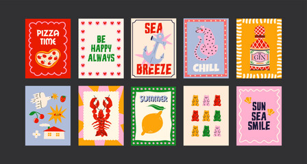 Abstract posters in cartoon style. Wall decor, bright banners of summer, fruits, plants, cocktails in the minimalist style of Matisse. Decor of wallpaper, walls and postcards © Limpreom