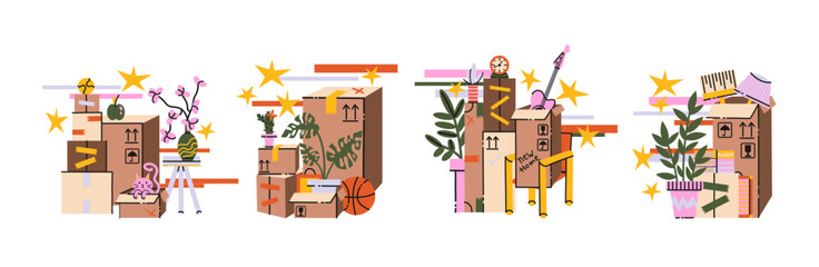 Obraz premium Moving compositions in retro cartoon style, open cardboard boxes, furniture, tape rolls, lamps in 90s style.Home transition elements, illustration in retro cartoon style, trendy stickers