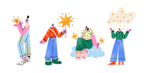 Characters with stars and positive energy in retro cartoon style. People holding stars, glowing elements, inspiration, in  90s mindfulness vibe, illustration in retro cartoon style, trendy stickers