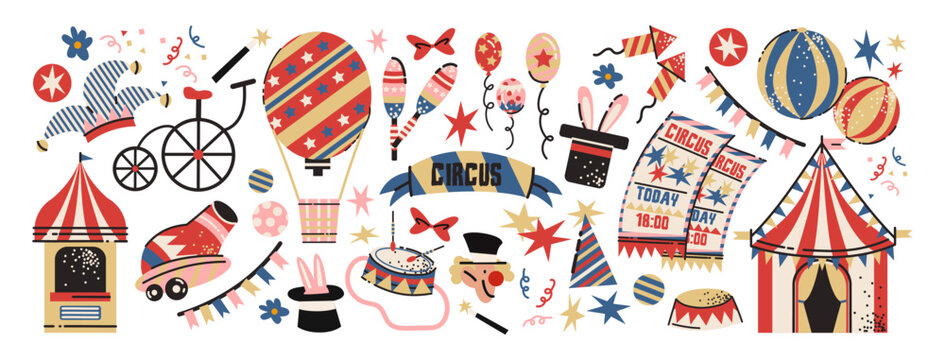 Circus sticker set in retro cartoon style. Clowns, acrobats, circus tents, tickets, drums, trained animals — playful collection of nostalgic elements in trendy retro doodle style