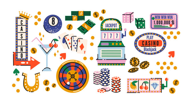 Casino and gambling sticker set in retro cartoon style. Playing cards, poker chips, dice, roulette wheel, slot machines, lucky sevens - fun casino elements in trendy retro doodle style.