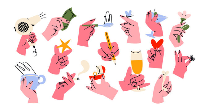 Hands holding objects in various poses in retro cartoon style. Hairdryer, coffee cups, flowers, pencil, cozy symbols of daily life, 90s vibe, illustration in retro cartoon style, trendy stickers