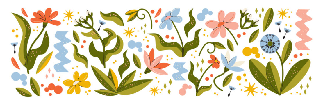 Botanical set abstract flowers and plants. Organic floral doodles, leaves of different shapes. Trendy hippie funky shapes stickers 90s
