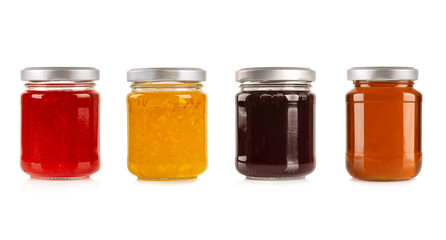 Set of glass jars with jam isolated on white background.