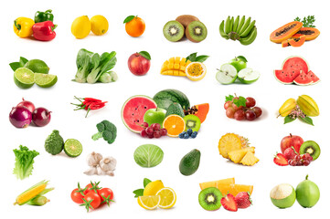 Vegetable and fruits collection isolated on white background.
